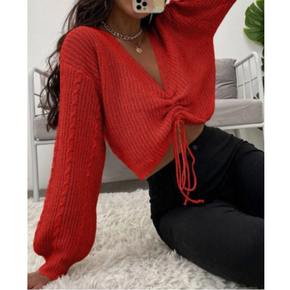Boho red drawstring front sweater